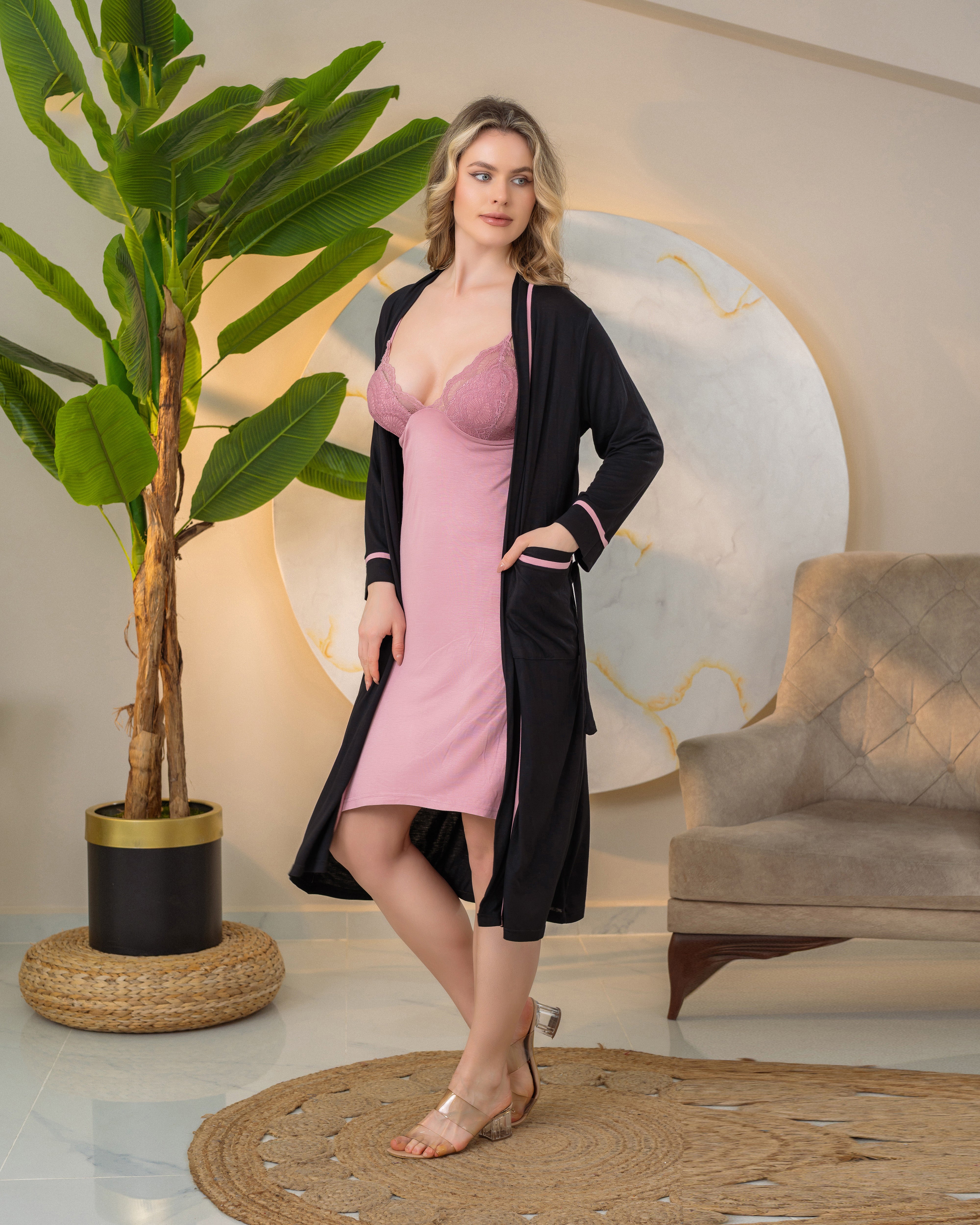 Pink slip dress with black robe
